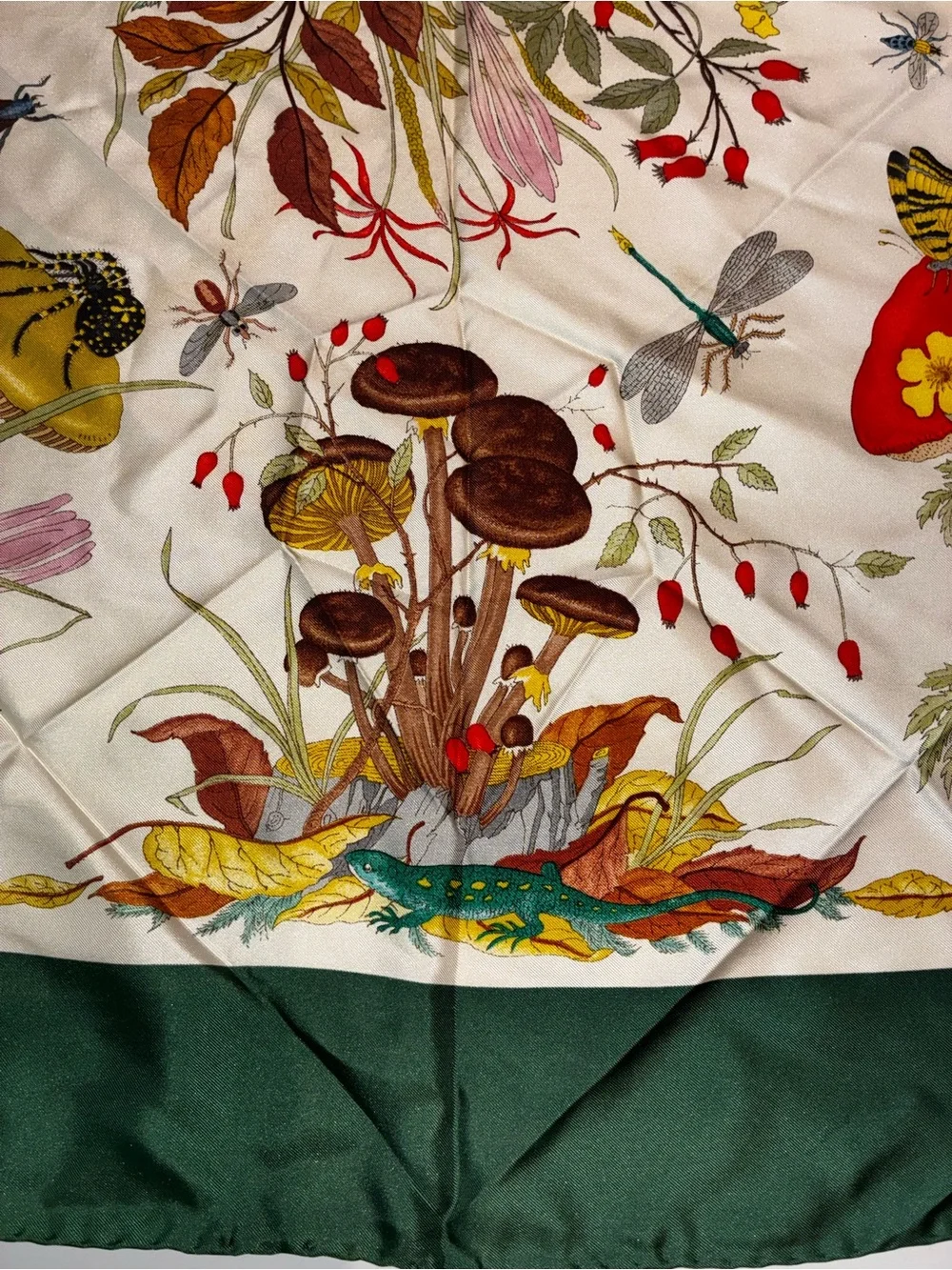1960’s vintage Gucci Green Botanical Print Silk Scarf, xl 34”